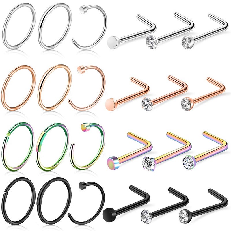 ONESING 24 Pcs Nose Rings for Women & Men - 20G Nose Hoop Rings & Studs - 316L Stainless Steel - Image 1